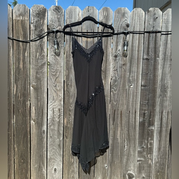 J Kara Black Silver Beaded Asymmetrical Cami Dress With V Neck size 8 like new - Picture 2 of 15